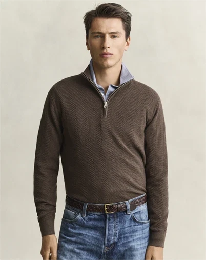 Gant - Herringbone Texture Half Zip - Brown Melange